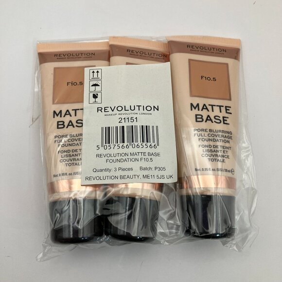 Makeup Revolution Matte Base Foundation F10.5 Full Coverage Pack Of 3 Pcs - Picture 1 of 3